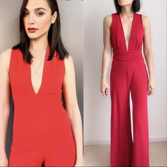CHICBOMB Pants - Deep V  Neckline Jumpsuit RED